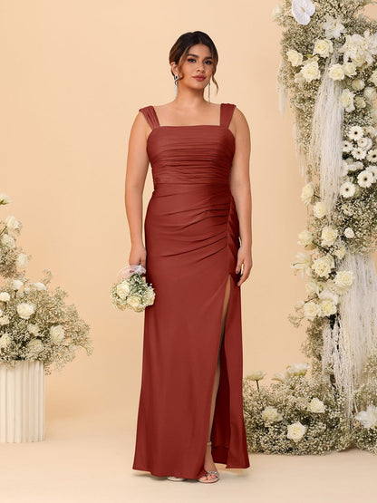 Robes de Demoiselle d'Honneur Grande Taille Col Carré sans Manches Longueur Sol Plissé avec Fente Latérale de Style Fourreau/Colonne