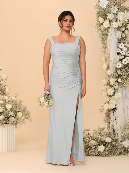 Robes de Demoiselle d'Honneur Grande Taille Col Carré sans Manches Longueur Sol Plissé avec Fente Latérale de Style Fourreau/Colonne