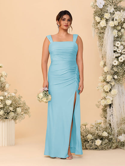 Robes de Demoiselle d'Honneur Grande Taille Col Carré sans Manches Longueur Sol Plissé avec Fente Latérale de Style Fourreau/Colonne