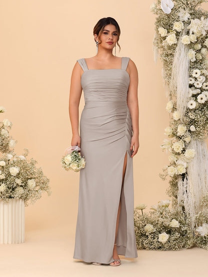 Robes de Demoiselle d'Honneur Grande Taille Col Carré sans Manches Longueur Sol Plissé avec Fente Latérale de Style Fourreau/Colonne