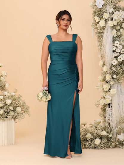 Robes de Demoiselle d'Honneur Grande Taille Col Carré sans Manches Longueur Sol Plissé avec Fente Latérale de Style Fourreau/Colonne