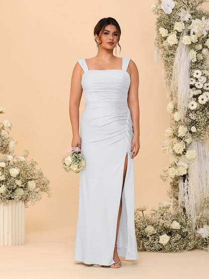 Robes de Demoiselle d'Honneur Grande Taille Col Carré sans Manches Longueur Sol Plissé avec Fente Latérale de Style Fourreau/Colonne