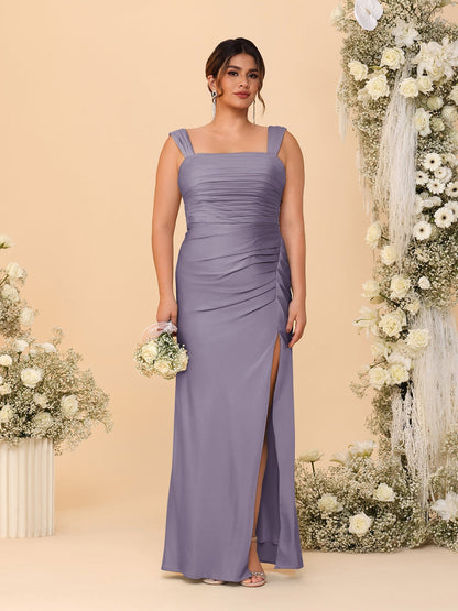 Robes de Demoiselle d'Honneur Grande Taille Col Carré sans Manches Longueur Sol Plissé avec Fente Latérale de Style Fourreau/Colonne
