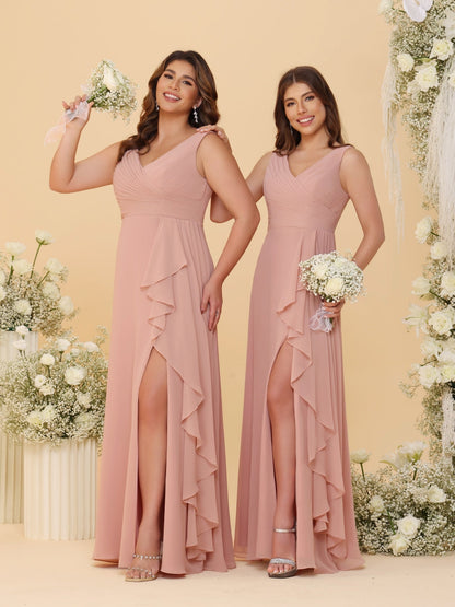 Robes de Demoiselle d'Honneur Longues en Chiffon avec Fente Latérale et Volants, Col en V, sans Manches, Style Princesse/Trapèze, Froncées