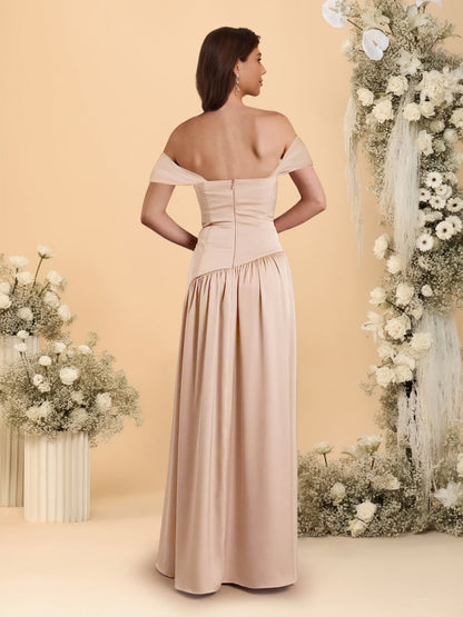 Robes de Demoiselle d'Honneur Longues à Ligne A/Princesse, Décolleté Épaules Dénudées, Froncées, avec Fente Latérale et Plis