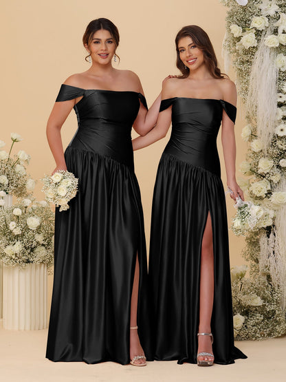 Robes de Demoiselle d'Honneur Longues à Ligne A/Princesse, Décolleté Épaules Dénudées, Froncées, avec Fente Latérale et Plis