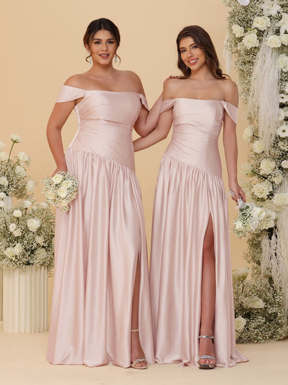 Robes de Demoiselle d'Honneur Longues à Ligne A/Princesse, Décolleté Épaules Dénudées, Froncées, avec Fente Latérale et Plis