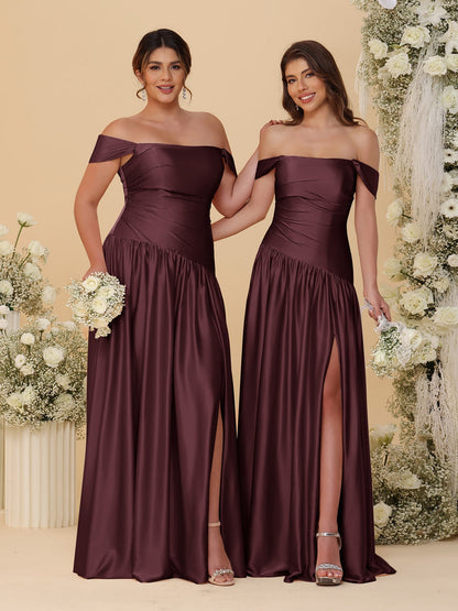 Robes de Demoiselle d'Honneur Longues à Ligne A/Princesse, Décolleté Épaules Dénudées, Froncées, avec Fente Latérale et Plis
