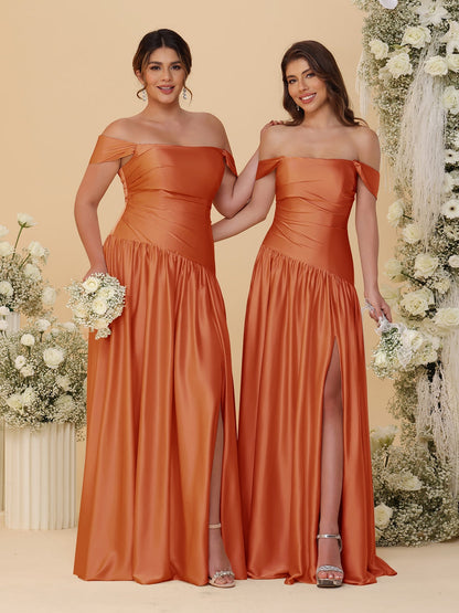 Robes de Demoiselle d'Honneur Longues à Ligne A/Princesse, Décolleté Épaules Dénudées, Froncées, avec Fente Latérale et Plis
