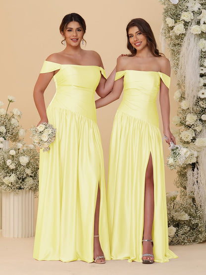 Robes de Demoiselle d'Honneur Longues à Ligne A/Princesse, Décolleté Épaules Dénudées, Froncées, avec Fente Latérale et Plis