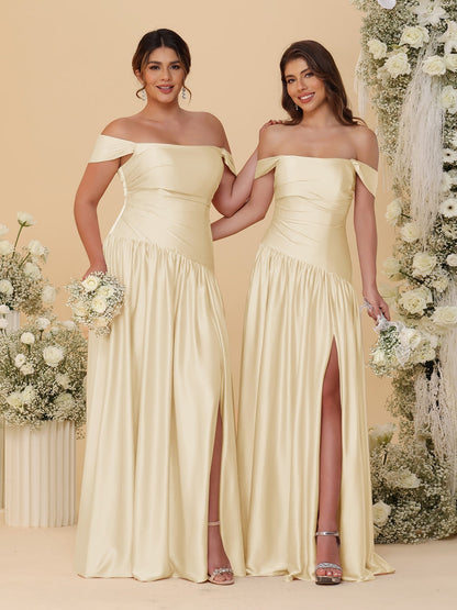 Robes de Demoiselle d'Honneur Longues à Ligne A/Princesse, Décolleté Épaules Dénudées, Froncées, avec Fente Latérale et Plis
