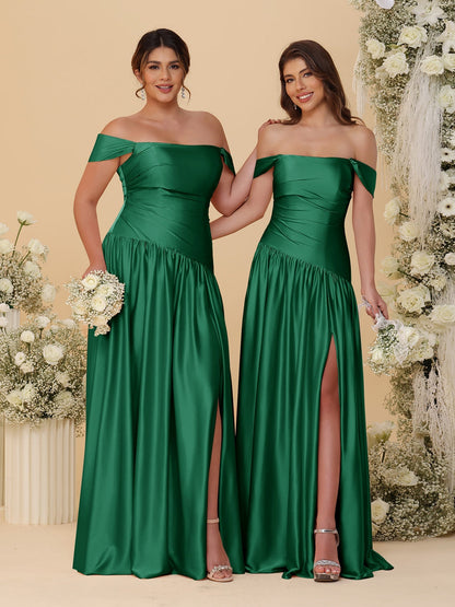 Robes de Demoiselle d'Honneur Longues à Ligne A/Princesse, Décolleté Épaules Dénudées, Froncées, avec Fente Latérale et Plis