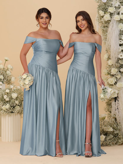 Robes de Demoiselle d'Honneur Longues à Ligne A/Princesse, Décolleté Épaules Dénudées, Froncées, avec Fente Latérale et Plis