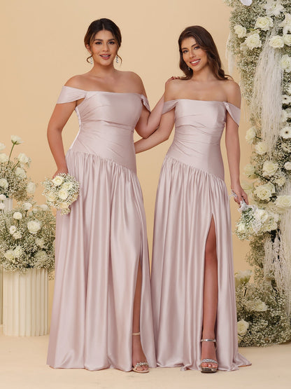 Robes de Demoiselle d'Honneur Longues à Ligne A/Princesse, Décolleté Épaules Dénudées, Froncées, avec Fente Latérale et Plis