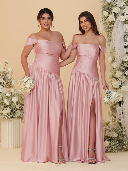 Robes de Demoiselle d'Honneur Longues à Ligne A/Princesse, Décolleté Épaules Dénudées, Froncées, avec Fente Latérale et Plis