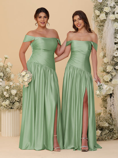 Robes de Demoiselle d'Honneur Longues à Ligne A/Princesse, Décolleté Épaules Dénudées, Froncées, avec Fente Latérale et Plis