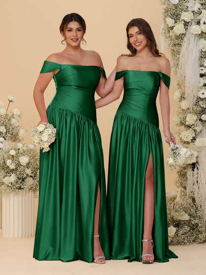 Robes de Demoiselle d'Honneur Longues à Ligne A/Princesse, Décolleté Épaules Dénudées, Froncées, avec Fente Latérale et Plis