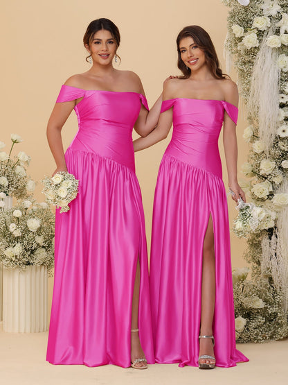 Robes de Demoiselle d'Honneur Longues à Ligne A/Princesse, Décolleté Épaules Dénudées, Froncées, avec Fente Latérale et Plis