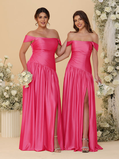 Robes de Demoiselle d'Honneur Longues à Ligne A/Princesse, Décolleté Épaules Dénudées, Froncées, avec Fente Latérale et Plis