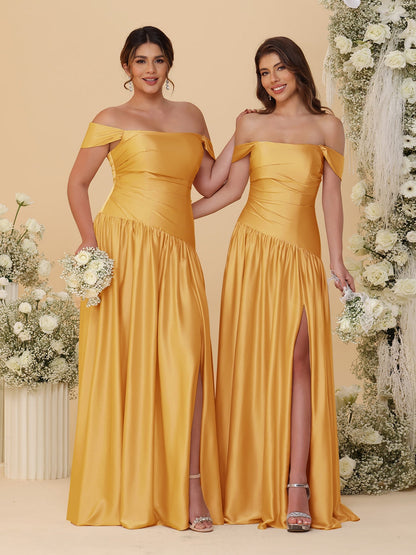 Robes de Demoiselle d'Honneur Longues à Ligne A/Princesse, Décolleté Épaules Dénudées, Froncées, avec Fente Latérale et Plis