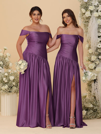 Robes de Demoiselle d'Honneur Longues à Ligne A/Princesse, Décolleté Épaules Dénudées, Froncées, avec Fente Latérale et Plis