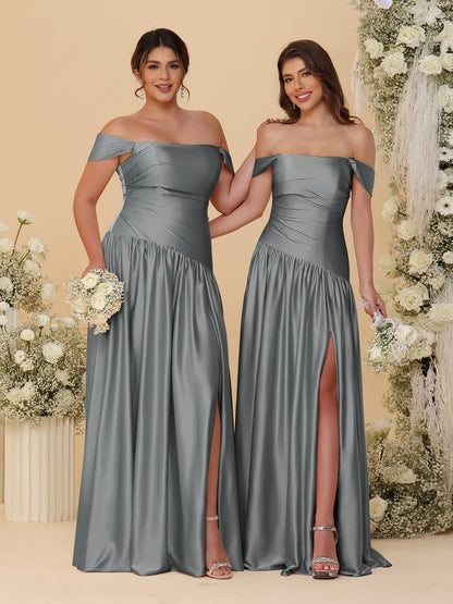 Robes de Demoiselle d'Honneur Longues à Ligne A/Princesse, Décolleté Épaules Dénudées, Froncées, avec Fente Latérale et Plis