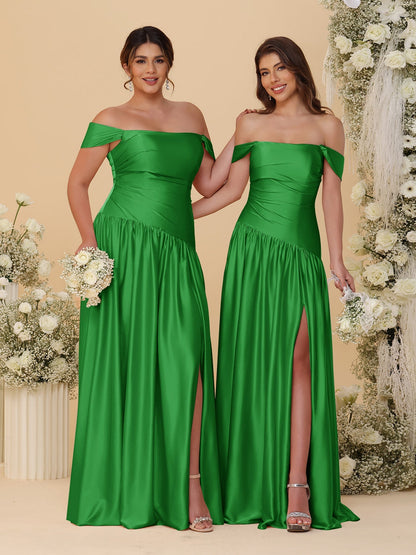 Robes de Demoiselle d'Honneur Longues à Ligne A/Princesse, Décolleté Épaules Dénudées, Froncées, avec Fente Latérale et Plis