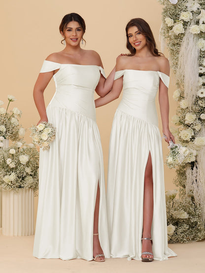 Robes de Demoiselle d'Honneur Longues à Ligne A/Princesse, Décolleté Épaules Dénudées, Froncées, avec Fente Latérale et Plis