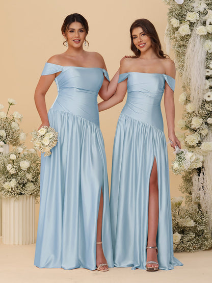 Robes de Demoiselle d'Honneur Longues à Ligne A/Princesse, Décolleté Épaules Dénudées, Froncées, avec Fente Latérale et Plis