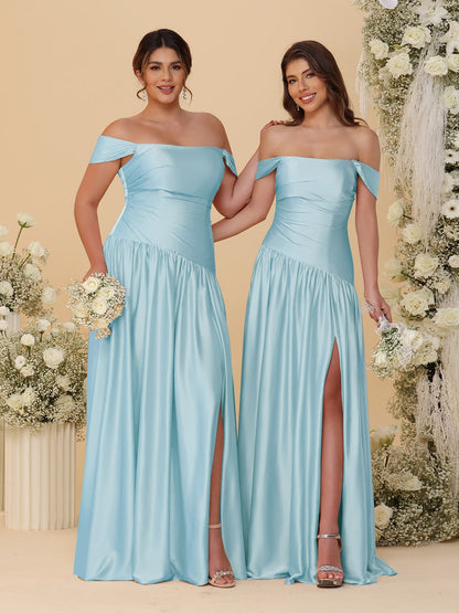 Robes de Demoiselle d'Honneur Longues à Ligne A/Princesse, Décolleté Épaules Dénudées, Froncées, avec Fente Latérale et Plis
