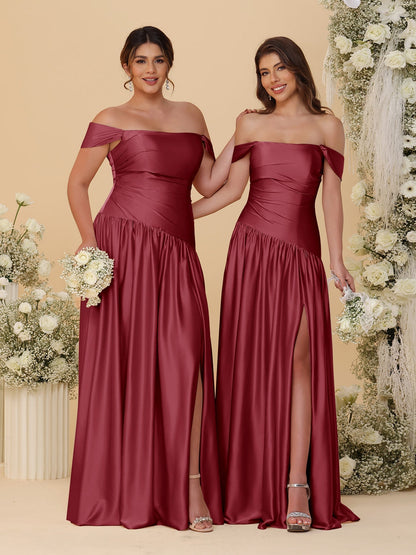 Robes de Demoiselle d'Honneur Longues à Ligne A/Princesse, Décolleté Épaules Dénudées, Froncées, avec Fente Latérale et Plis