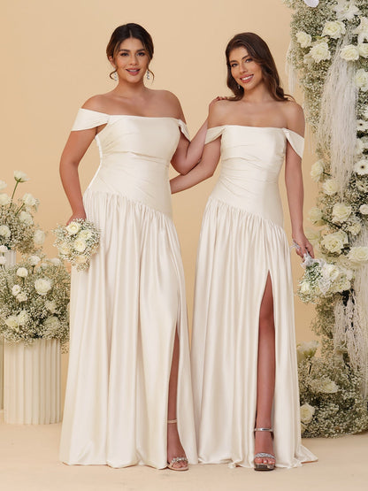 Robes de Demoiselle d'Honneur Longues à Ligne A/Princesse, Décolleté Épaules Dénudées, Froncées, avec Fente Latérale et Plis