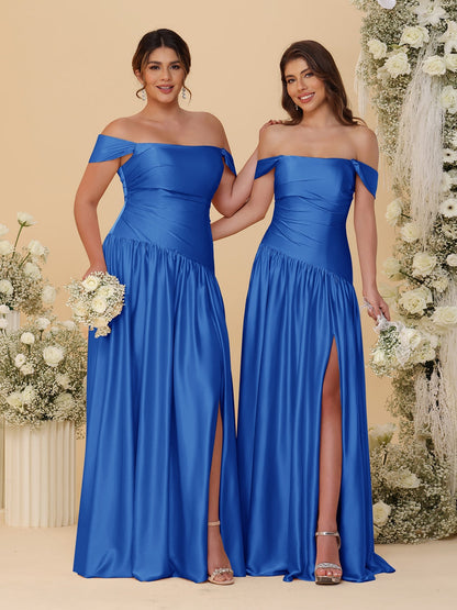 Robes de Demoiselle d'Honneur Longues à Ligne A/Princesse, Décolleté Épaules Dénudées, Froncées, avec Fente Latérale et Plis