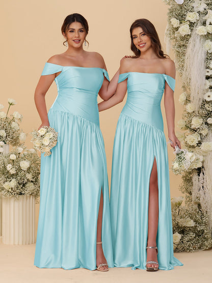 Robes de Demoiselle d'Honneur Longues à Ligne A/Princesse, Décolleté Épaules Dénudées, Froncées, avec Fente Latérale et Plis