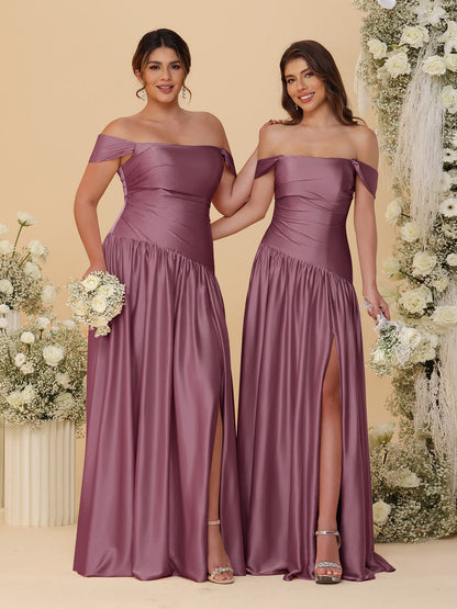 Robes de Demoiselle d'Honneur Longues à Ligne A/Princesse, Décolleté Épaules Dénudées, Froncées, avec Fente Latérale et Plis