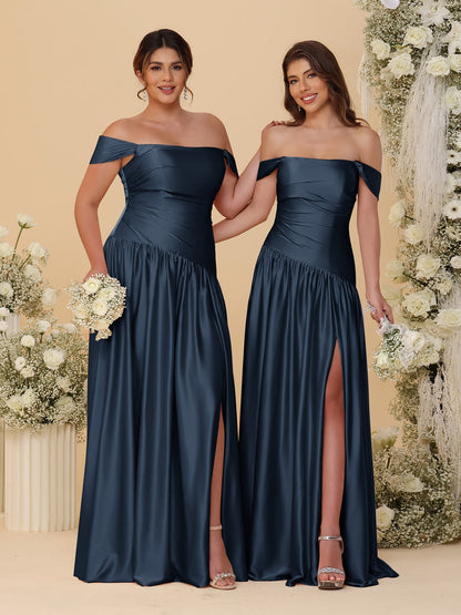 Robes de Demoiselle d'Honneur Longues à Ligne A/Princesse, Décolleté Épaules Dénudées, Froncées, avec Fente Latérale et Plis
