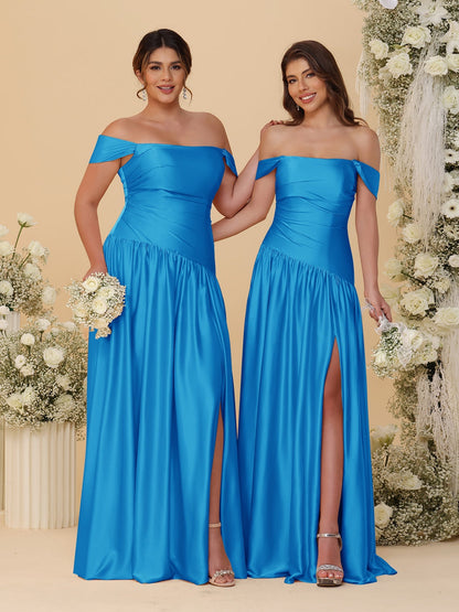 Robes de Demoiselle d'Honneur Longues à Ligne A/Princesse, Décolleté Épaules Dénudées, Froncées, avec Fente Latérale et Plis