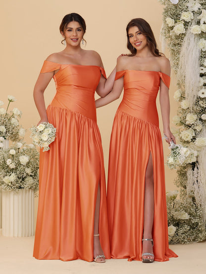 Robes de Demoiselle d'Honneur Longues à Ligne A/Princesse, Décolleté Épaules Dénudées, Froncées, avec Fente Latérale et Plis