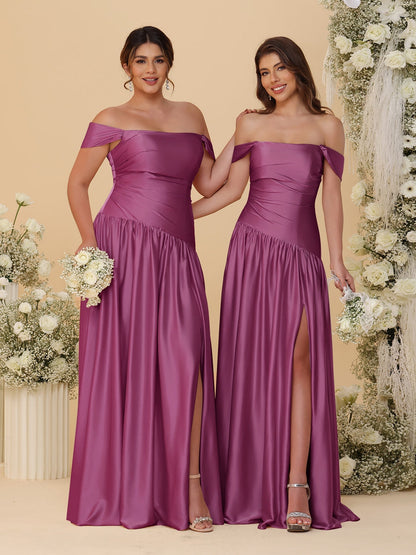 Robes de Demoiselle d'Honneur Longues à Ligne A/Princesse, Décolleté Épaules Dénudées, Froncées, avec Fente Latérale et Plis