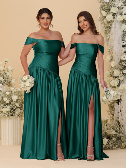 Robes de Demoiselle d'Honneur Longues à Ligne A/Princesse, Décolleté Épaules Dénudées, Froncées, avec Fente Latérale et Plis