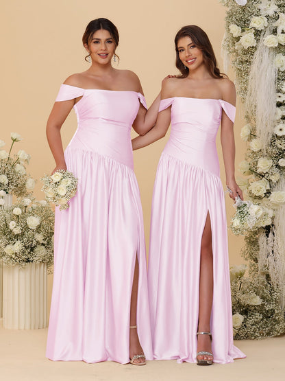 Robes de Demoiselle d'Honneur Longues à Ligne A/Princesse, Décolleté Épaules Dénudées, Froncées, avec Fente Latérale et Plis