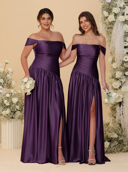 Robes de Demoiselle d'Honneur Longues à Ligne A/Princesse, Décolleté Épaules Dénudées, Froncées, avec Fente Latérale et Plis