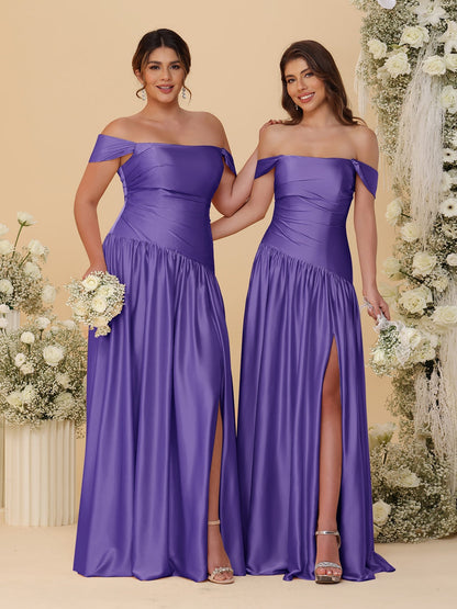 Robes de Demoiselle d'Honneur Longues à Ligne A/Princesse, Décolleté Épaules Dénudées, Froncées, avec Fente Latérale et Plis