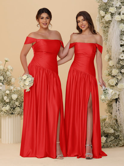Robes de Demoiselle d'Honneur Longues à Ligne A/Princesse, Décolleté Épaules Dénudées, Froncées, avec Fente Latérale et Plis
