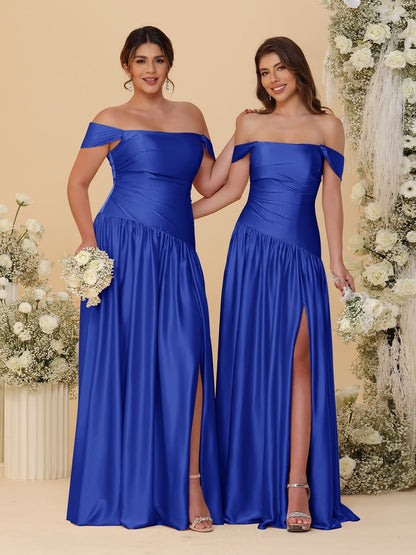 Robes de Demoiselle d'Honneur Longues à Ligne A/Princesse, Décolleté Épaules Dénudées, Froncées, avec Fente Latérale et Plis