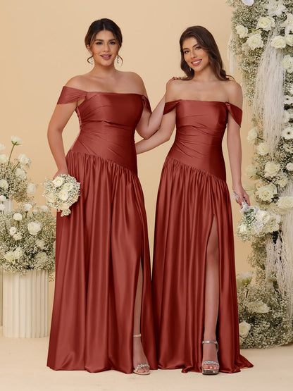 Robes de Demoiselle d'Honneur Longues à Ligne A/Princesse, Décolleté Épaules Dénudées, Froncées, avec Fente Latérale et Plis