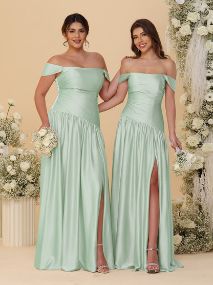 Robes de Demoiselle d'Honneur Longues à Ligne A/Princesse, Décolleté Épaules Dénudées, Froncées, avec Fente Latérale et Plis