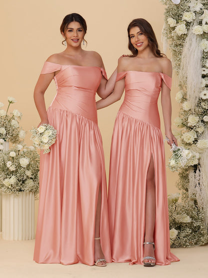 Robes de Demoiselle d'Honneur Longues à Ligne A/Princesse, Décolleté Épaules Dénudées, Froncées, avec Fente Latérale et Plis