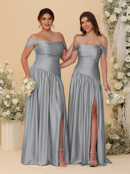 Robes de Demoiselle d'Honneur Longues à Ligne A/Princesse, Décolleté Épaules Dénudées, Froncées, avec Fente Latérale et Plis