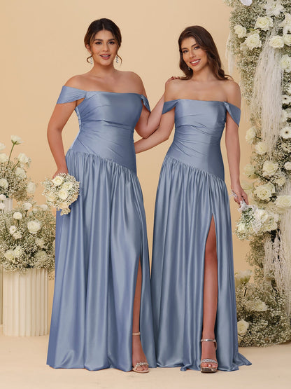 Robes de Demoiselle d'Honneur Longues à Ligne A/Princesse, Décolleté Épaules Dénudées, Froncées, avec Fente Latérale et Plis